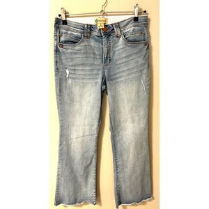 Democracy "Ab" Technology flare jeans in a light wash with raw hem. Size 12.